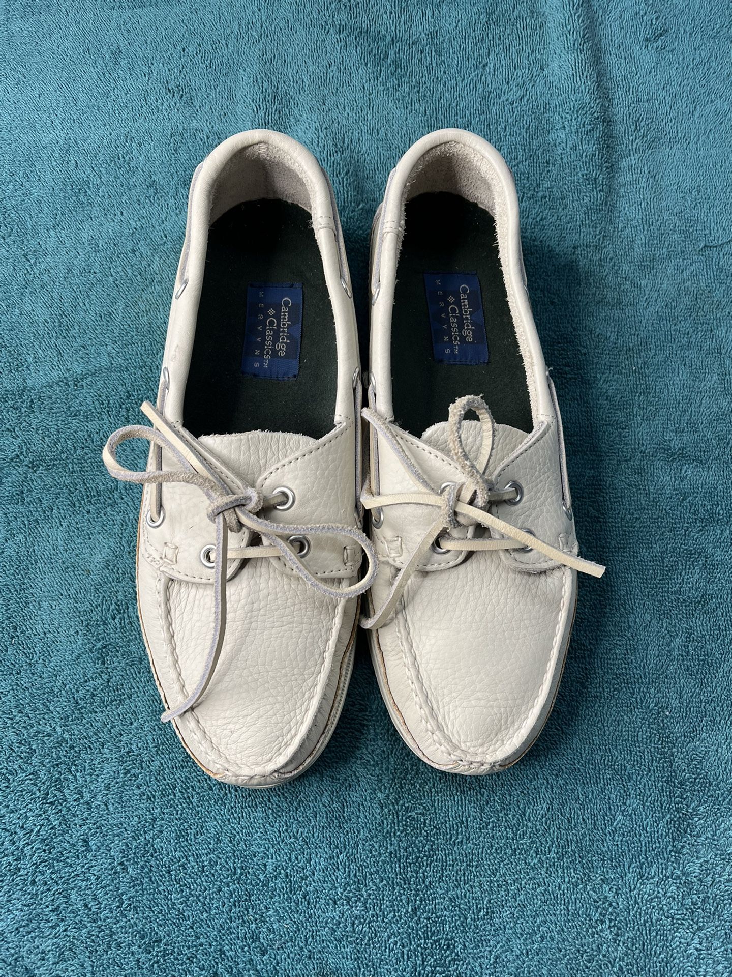 Vintage 90s Cambridge Classics x Mervyns Cream Leather Boat Shoes Mens 8.5 Vtg