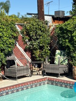 Grey Wicker Patio Rocking Chairs with Glass Side Table Set