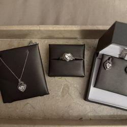 Valentines Special ~ Sterling Silver/CZ Ring, Pendant, Earrings Set