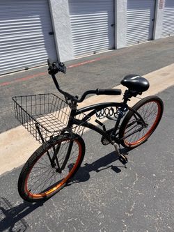 26” Huffy Street Cruiser Bike – Black & Orange – Basket + Phone Mount and bell