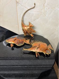 Set of 3 copper color fish wall art hammered Metal