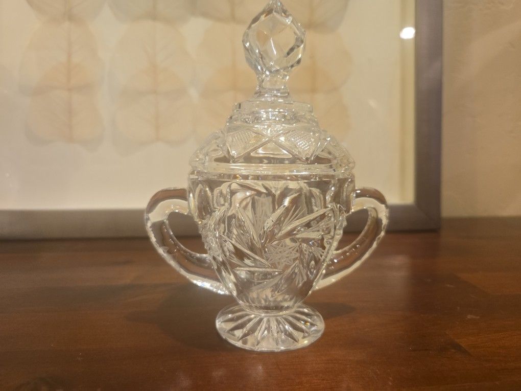 Vintage Pressed Glass Sugar Bowl with Lid – Starburst Pattern