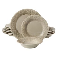 The Pioneer Woman Vintage Lace 12-Piece Ceramic Dinnerware Set, Caramel