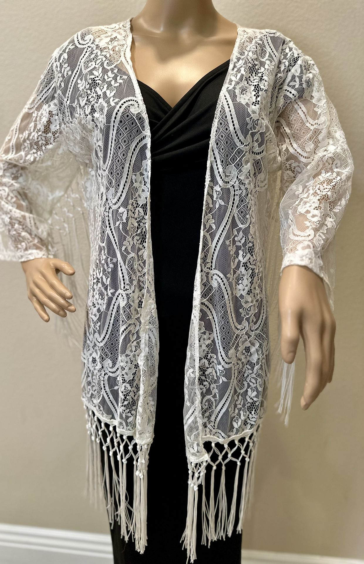 White Lace Crochet Trim Cardigan Cover Up Dress Medium 