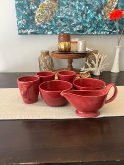 Pottery barn Sausalito Burgundy mugs, and bowls