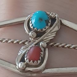 Native SIGNED EP- sterling Silver  Turquoise & Coral Feather Cuff Bracelet