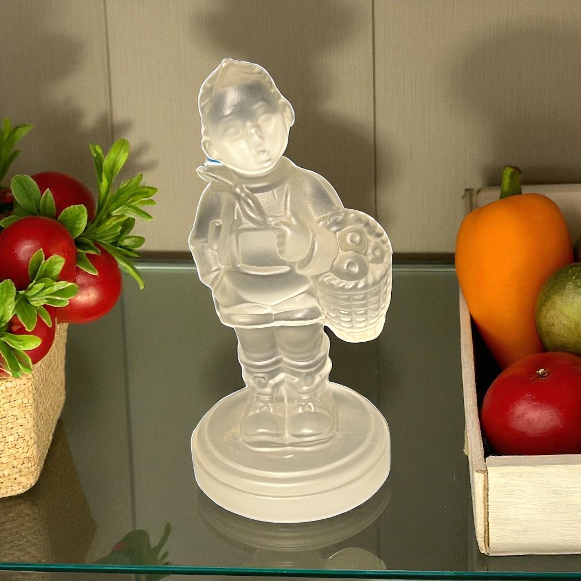 Hummel Goebel Germany 1990s Crystal Figurine Boy With Basket, 3”
