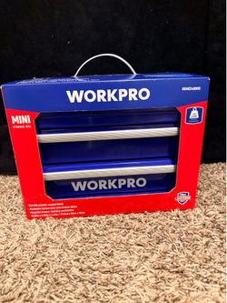 NEW WORKPRO Mini Metal Tool Box w/ 2 Drawers & Top Storage