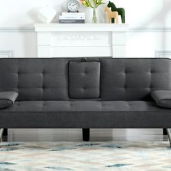 Convertible futon sofa sleeper couch with cupholders - dark gray - NEW