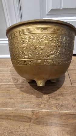 Vintage 12-inch Chinese Brass Tripod Jardinière Planter Bowl