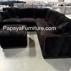 New! Black Sectional Couch, Sofa, Corduroy Plush Sectional Sofa, Sofas, Couch, Black Couch, Black Sofa, L-shaped Couch, Sectionals, Sofa And Ottoman