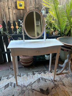 Vintage White Wooden Vanity Desk with Mirror and Drawer