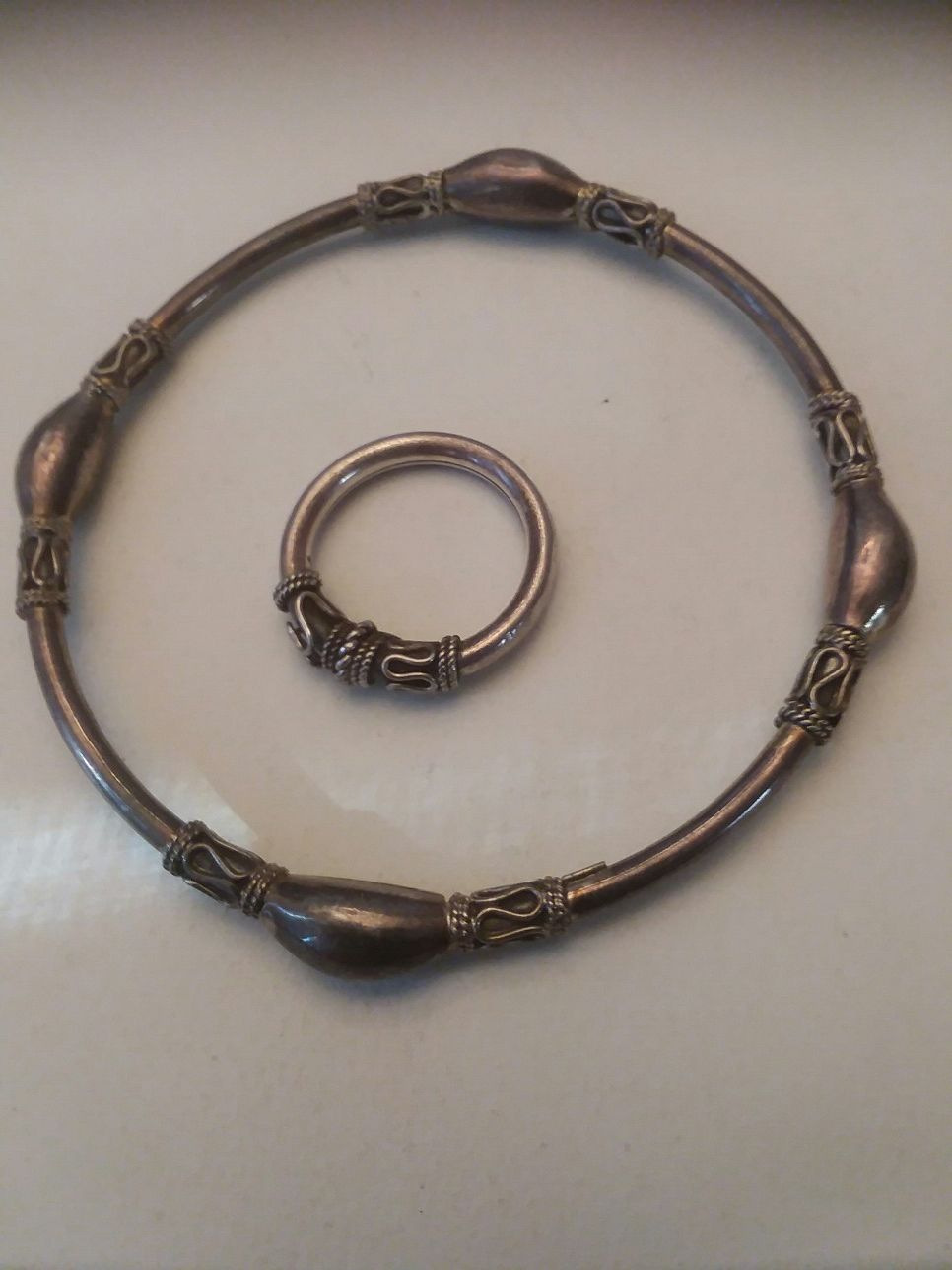 Vintage silver ladies Etruscan ring and bracelet set.