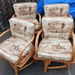 Limited Time Lowest Offer Set of 4 Vintage Mid-Century Rattan Swivel Rockers - Hunt Scene Toile