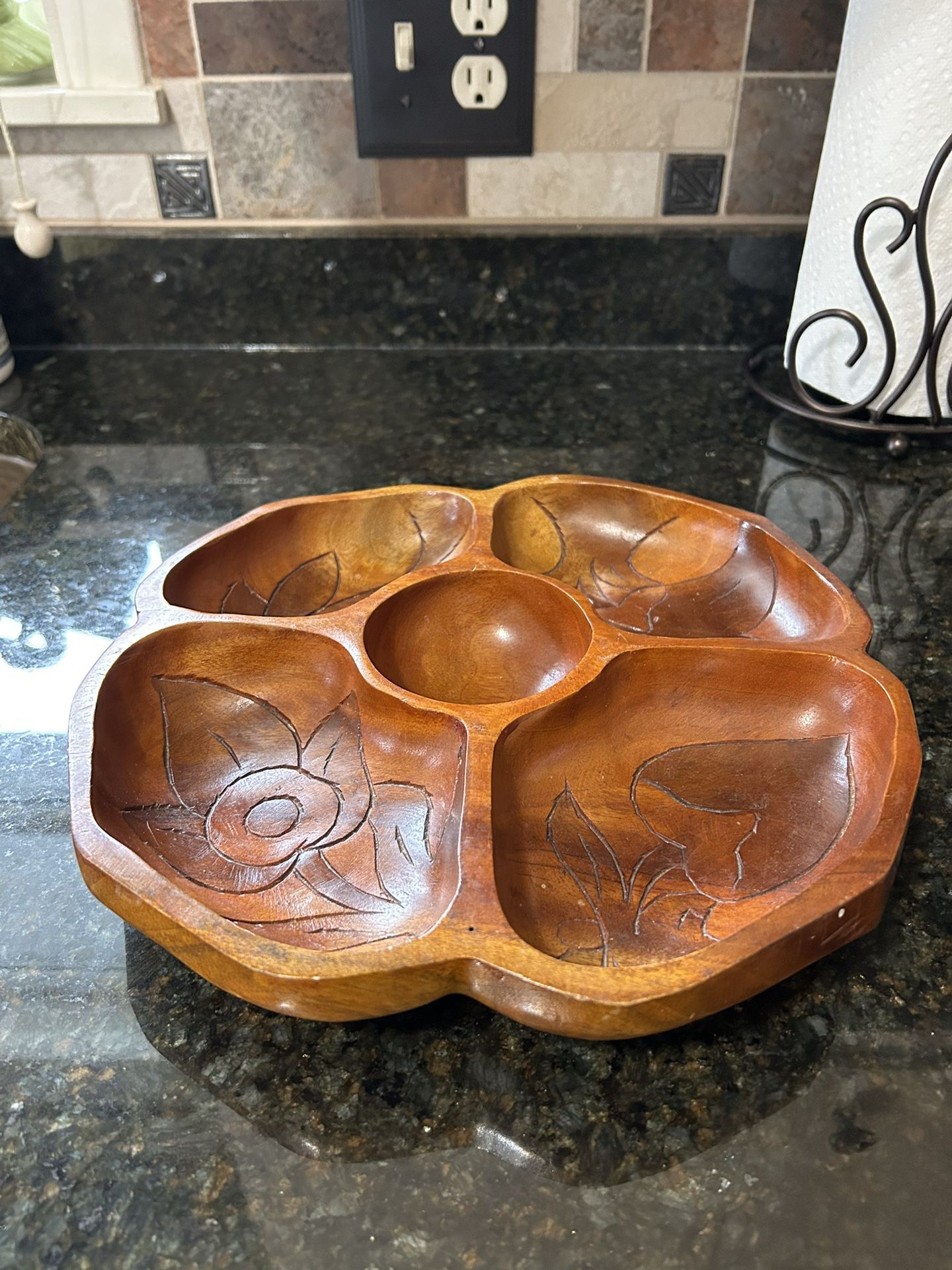 Vintage Carved Wood Snack Bowl