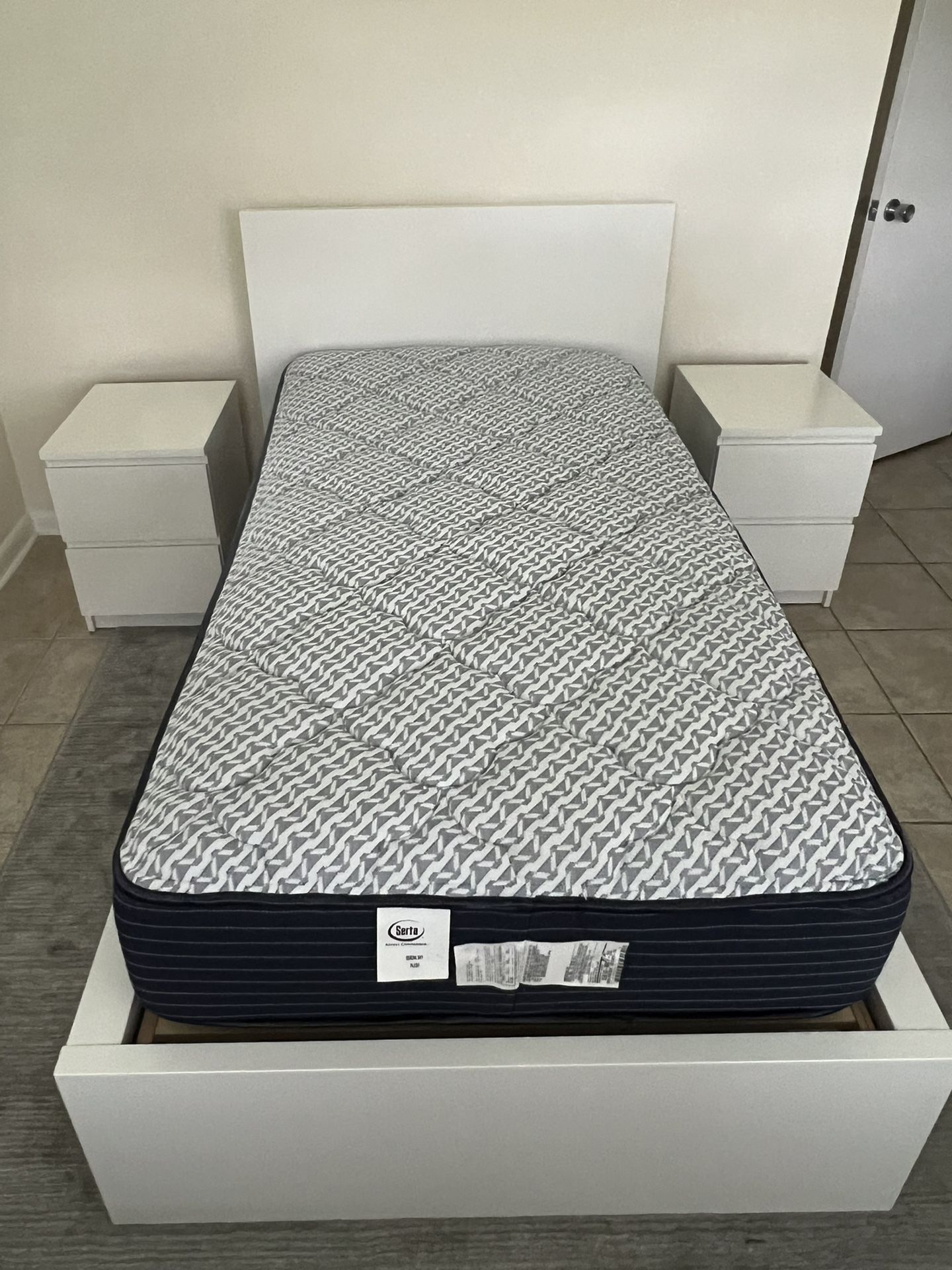 IKEA Malm, Twin Bed, Frame, Headboard, 2 Nightstands, Serta Mattress, Bunkee Board