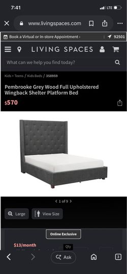 Pembrooke Grey Full Upholstered Wingback Platform Bed w new mattress ONLY 300!!