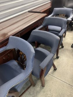 4 Blue Cloth Antique Chairs In Excellent Shape Each For 