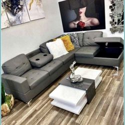 New Grey Sectional With Cup Holder Storage 