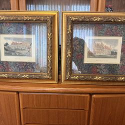 Pair of Framed French Château Prints – Ornate Gold Frames