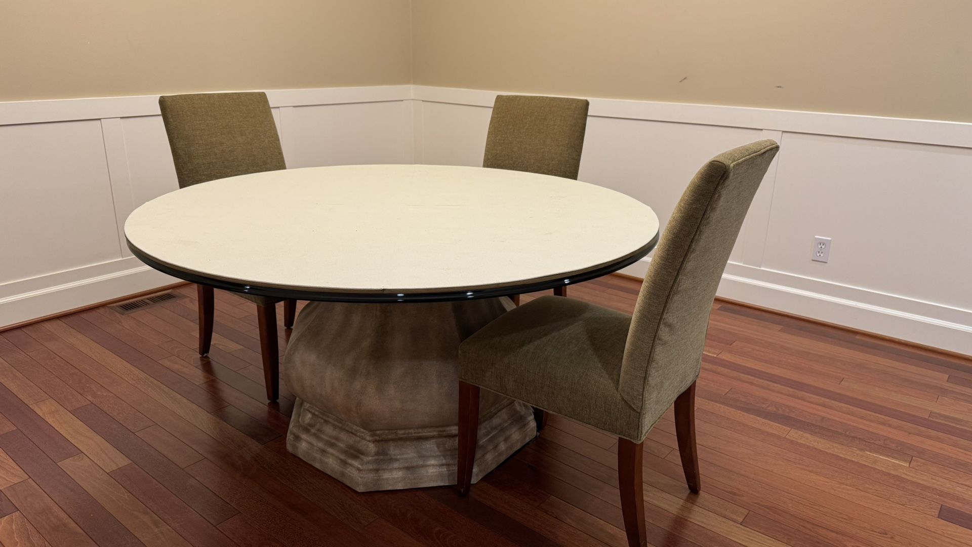 Elegant Round Pedestal Dining Table + 6 Upholstered Chairs – 60” Diameter
