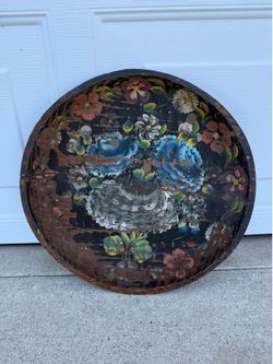 Vintage Hand Painted Folk Art Dough Bowl Tray | Primitive Floral Wooden Bowl