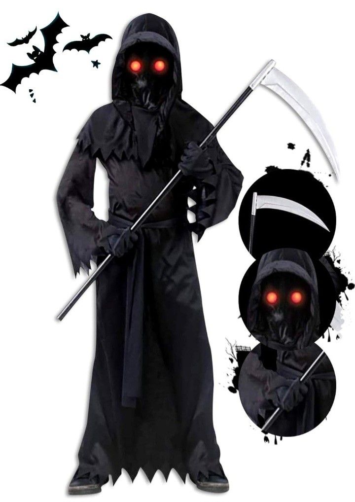 AnNido Grim Reaper Halloween Costume for Kids, Scream Costume with Glowing Up Eyes for Boys & Girls