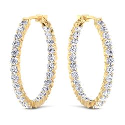 5CT Inside Out Round Diamond Hoop Earrings 1.75” In 14k Yellow Gold. 100% Natural & Certified Diamonds Only. 
