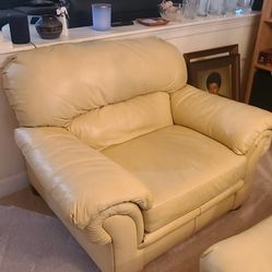 Off-White Leather Armchairs and Ottoman