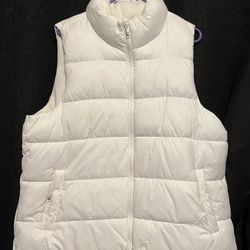 white puffer vest , black jacket with fur around hoodie.