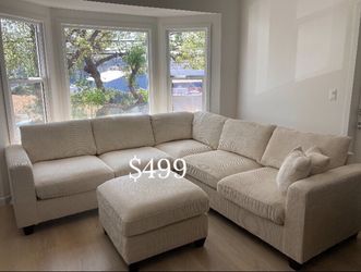 Beautiful‼️ 4-Pc Corduroy Ivory Sectional Sofa W/Ottoman