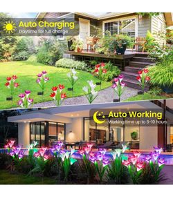 KOOPER Outdoor Solar Lights, 4 Pack Solar Garden Lights with Bigger Lily Flowers, Waterproof 7 Color Changing Solar Lights Outdoor - Bigger Solar Pane