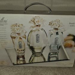 Cellini Italy Trio of Perfume Bottles, Porcelain Rose Stoppers & Mirror