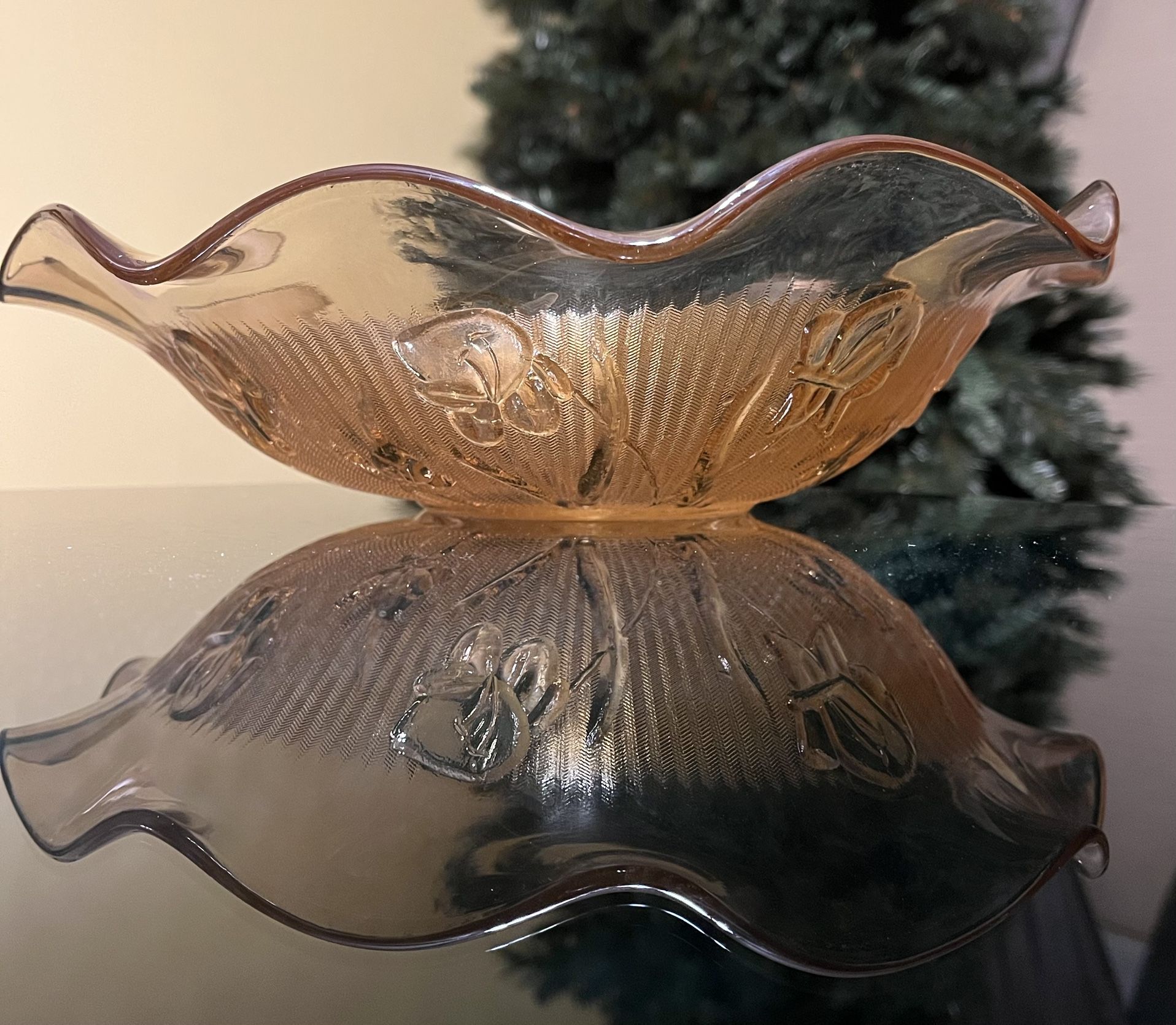 Vintage Jennette Glass iridescent Iris And Herringbone Marigold bowl 11.5”