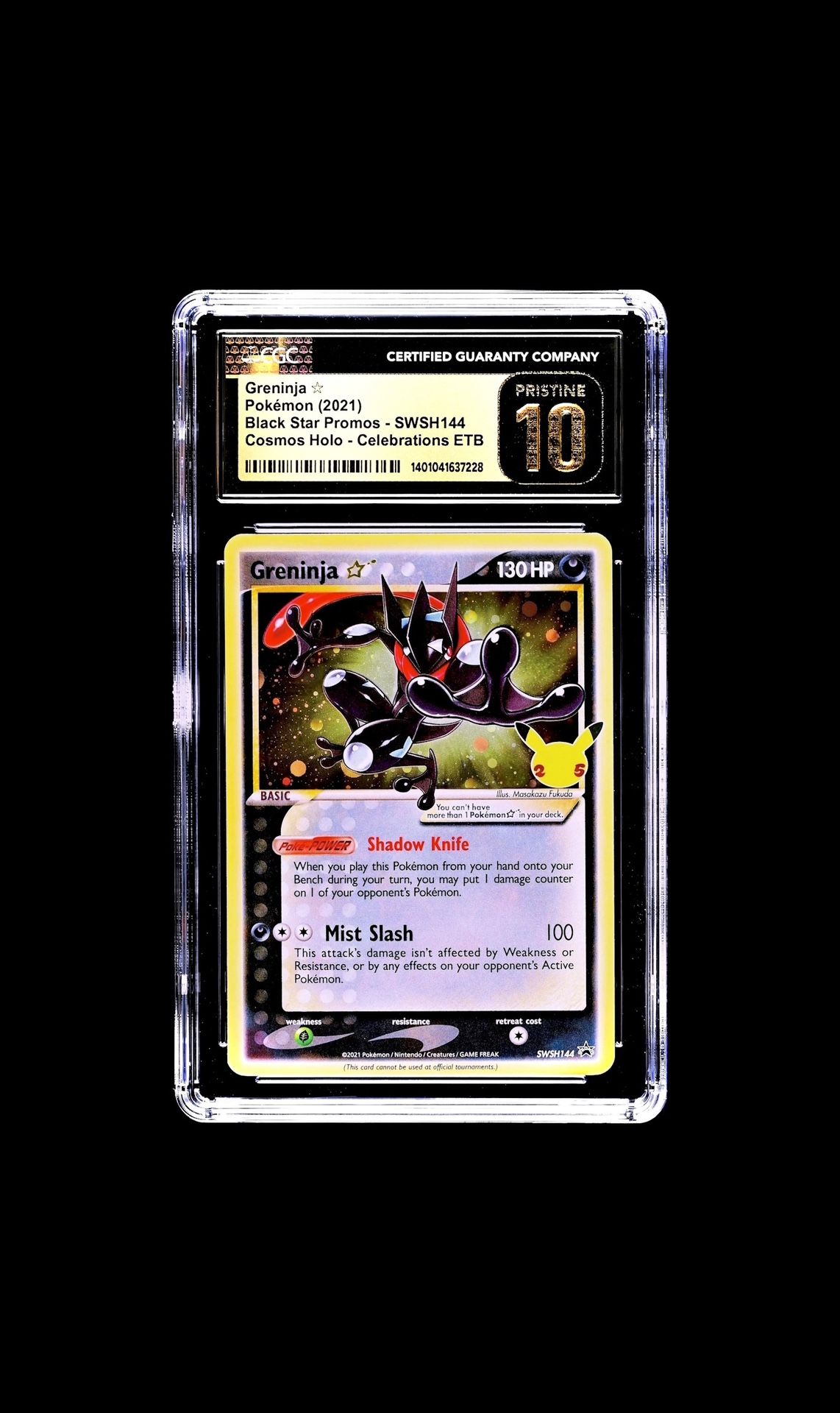 CGC Pristine 10 Shiny Greninja Gold Star Holo Celebrations ETB Black Star Promo SWSH144 ✨POP 73 - 0.9% Rate✨ Flawless Pokemon Card Black Label PSA 10+