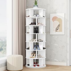 Rotating Shoe Rack Tower, 7-Tier Spinning Shoe Shelf with 5 Compartments Per Layer, 360° Revolving Storage Organizer, White