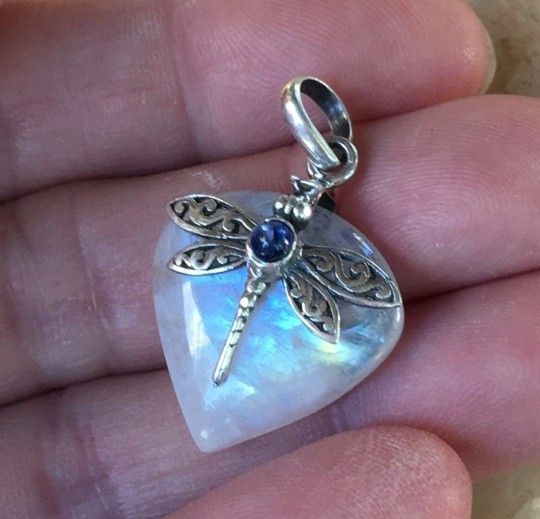 Genuine Rainbow Moonstone &Kaynite 925 Dragonfly Pendant