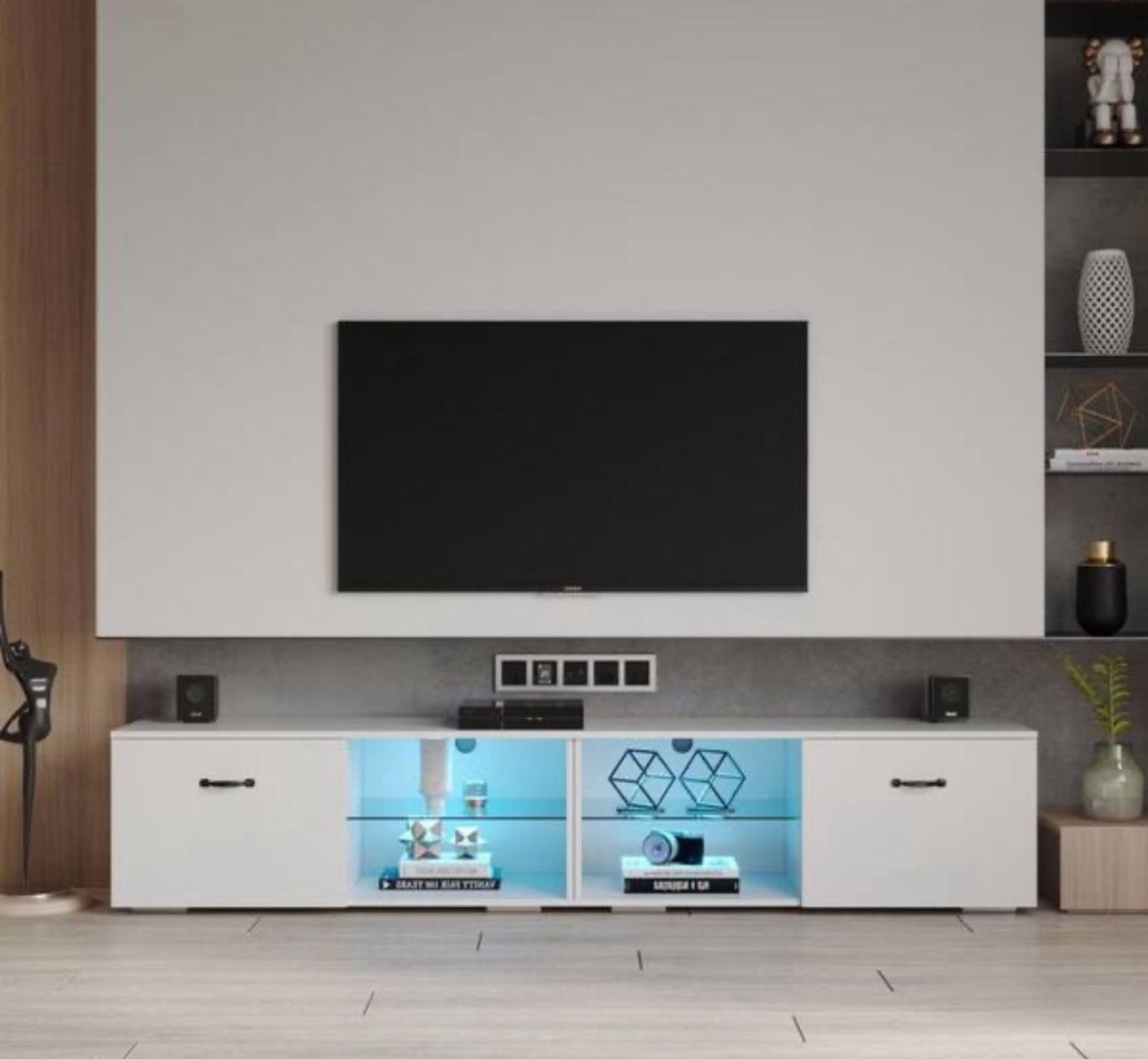 79 in. Modern White TV Stand with RGB Light Fits TV's up to 80 in. with 2-Door Lockers and Shelves