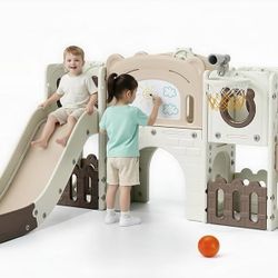 10-in-1 Large Toddler Slide Set, Kids Slide Climber Playset with Drawing Board, Basketball Hoop, Sturdy Baby Playground, Indoor Outdoor Playhouse for 