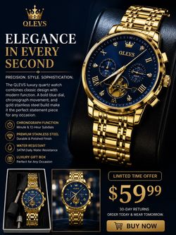 QLEVS Gold Chronograph Watch Blue Dial