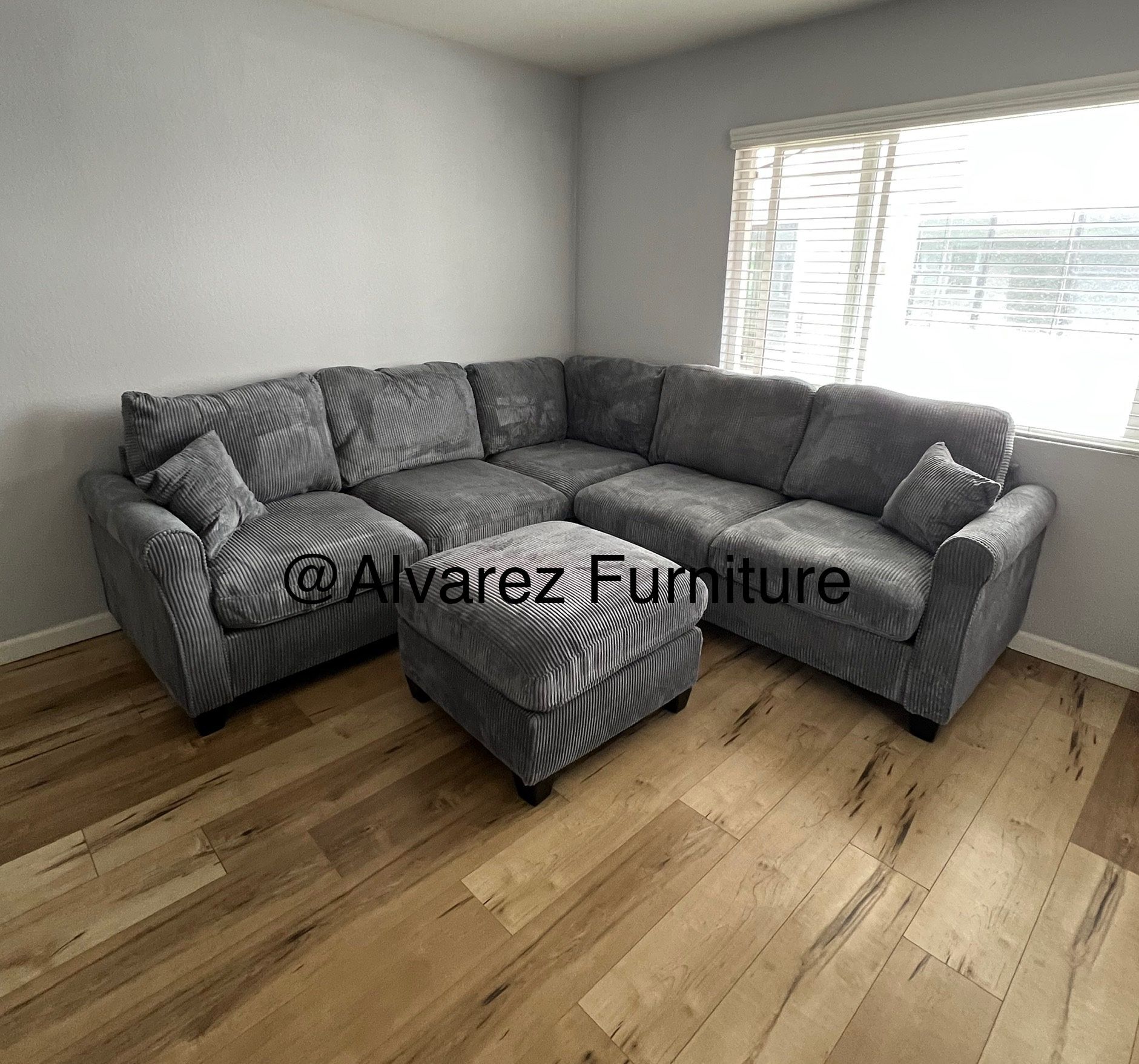 Dark Grey Corduroy Sectional Sofa With Ottoman