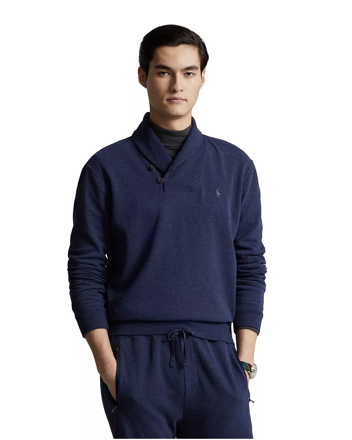 Mens Polo Ralph Lauren Luxury Jersey Shawl-Collar Pullover Sweater, Navy Heather , Large