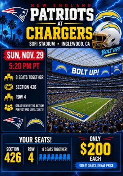 8 Patriots vs Chargers NFL Tickets – SoFi Stadium