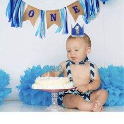 Baby 1st Birthday  Boy Decorations With Crown -First High Chair Banner Cake One