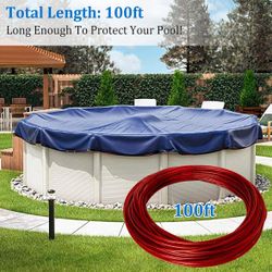 Swimming Pool Cover Cable and Winch Kit - 100ft Plastic-Coated Steel Pool Cover Wire & Aluminum Spring Loaded Pool Cover Ratchet for Above Ground Swim