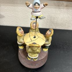 Sculpture and Music Box by R. Langford of Inuit Children Playing Blanket Toss