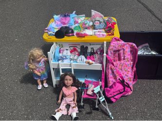 Two 18’ inch doll set.  Wooden bunk bed, carrying case, wheelchair, tons of outfits and shoes