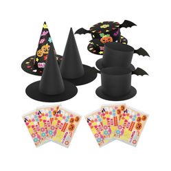 6PCS DIY Halloween Witch Hat Decorations with stickers for Kids, Halloween Party Costumes Decoration,Black Witch hat,Cosplay Favors Accessories