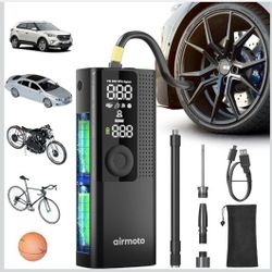 Airmoto Tire Inflator Portable Air Compressor - Air Pump for Car Tires with Digital Pressure Gauge, LED Light and Auto Shut-Off Function - Cordless Pu
