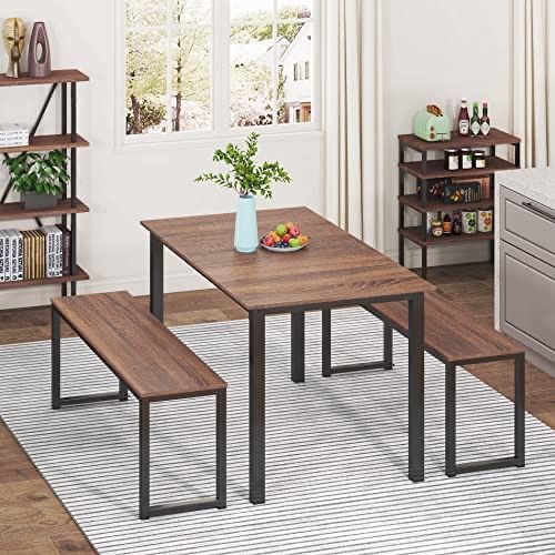 HOMOOI Dining Table Set for 4, 3 Pieces Kitchen Table with 2 Benches, Modern Wood Grains Table and Chairs Dinette Set for Home Kitchen, Dining Room, R